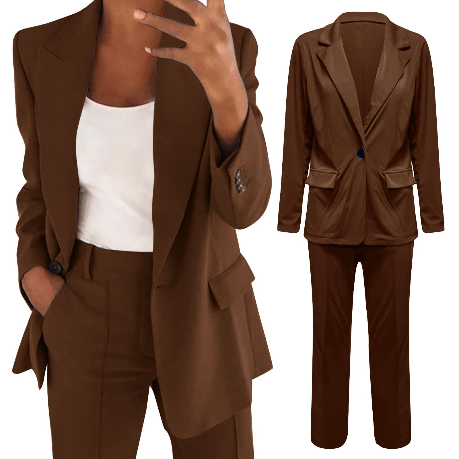 thumbnail image 3 of Conjunto de traje de dos piezas con solapas para mujer: blazer de manga larga con botones y pantalones. Conjunto formal de negocios. Poliéster y spandex suaves. Tallas S-XXL., 3 of 6